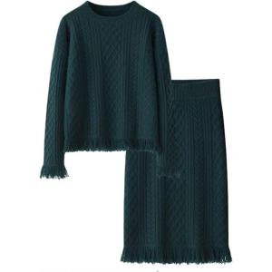imageCHARTOU Women Elegant Sweater Sets Fall 2 Pieces Outfits Tassel Pullover Sweater Knit Pencil SkirtGreen