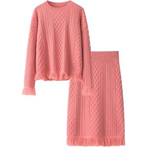 imageCHARTOU Women Elegant Sweater Sets Fall 2 Pieces Outfits Tassel Pullover Sweater Knit Pencil SkirtPink