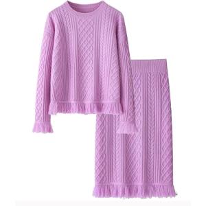 imageCHARTOU Women Elegant Sweater Sets Fall 2 Pieces Outfits Tassel Pullover Sweater Knit Pencil SkirtPurple