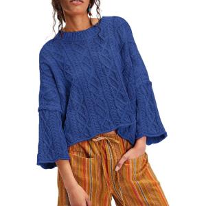 imageCHARTOU Women Fall Cable Knit Pullover Sweater Crew Neck 34 Sleeve Chunky Cropped Slouchy Sweater JumperBlue