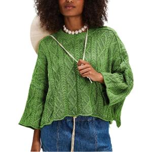 imageCHARTOU Women Fall Cable Knit Pullover Sweater Crew Neck 34 Sleeve Chunky Cropped Slouchy Sweater JumperGreen