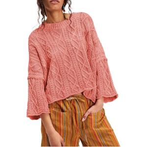 imageCHARTOU Women Fall Cable Knit Pullover Sweater Crew Neck 34 Sleeve Chunky Cropped Slouchy Sweater JumperWatermelon Red