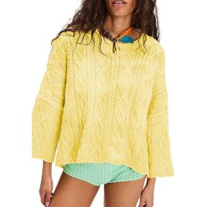 imageCHARTOU Women Fall Cable Knit Pullover Sweater Crew Neck 34 Sleeve Chunky Cropped Slouchy Sweater JumperYellow