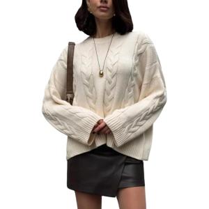 imageCHARTOU Women Fall Cable Knit Pullover Sweater Oversized Crew Neck Flared Long Sleeve Chunky Jumper TopsBeige