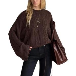 imageCHARTOU Women Fall Cable Knit Pullover Sweater Oversized Crew Neck Flared Long Sleeve Chunky Jumper TopsBrown