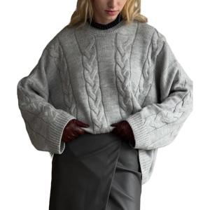 imageCHARTOU Women Fall Cable Knit Pullover Sweater Oversized Crew Neck Flared Long Sleeve Chunky Jumper TopsGrey
