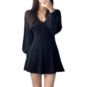 imageCHARTOU Women Fall Chunky Cable Knit V Neck Lantern Long Sleeve Pullover Sweater DressBlack