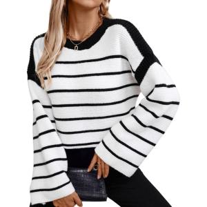 imageCHARTOU Women Fall Striped Color Block Sweater Oversized Knit Tops Long Sleeve Fall Pullover SweatersBlack