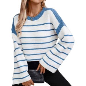 imageCHARTOU Women Fall Striped Color Block Sweater Oversized Knit Tops Long Sleeve Fall Pullover SweatersBlue