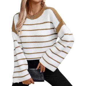 imageCHARTOU Women Fall Striped Color Block Sweater Oversized Knit Tops Long Sleeve Fall Pullover SweatersKhaki