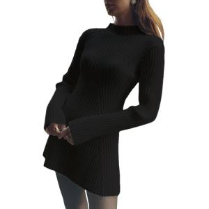 imageCHARTOU Women Fall Sweater Dress Mock Neck Stretchy Rib Knit y2k Mini Dress Pullover SweaterBlack