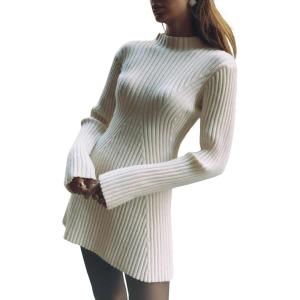 imageCHARTOU Women Fall Sweater Dress Mock Neck Stretchy Rib Knit y2k Mini Dress Pullover SweaterWhite