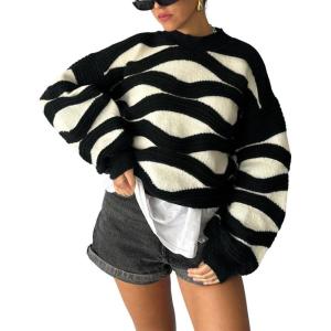 imageCHARTOU Women Fall Winter Color Block Stripes Sweater Oversized Long Sleeve Cropped Knit Pullover Sweatshirt OutfitsBlack