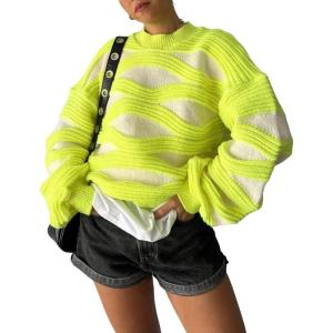 imageCHARTOU Women Fall Winter Color Block Stripes Sweater Oversized Long Sleeve Cropped Knit Pullover Sweatshirt OutfitsYellow