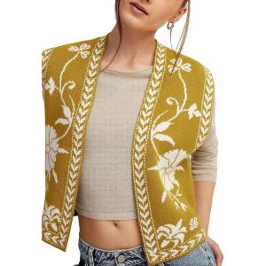 imageCHARTOU Women Floral Boho Knit Vest Top Vintage Open Front Cap Sleeve Sweater Short Vest Fall OutfitsYellow1