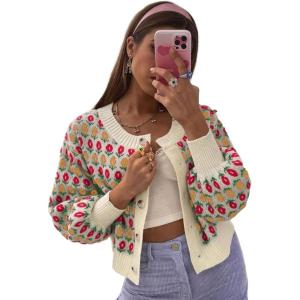 imageCHARTOU Women Floral Knit Cropped Cardigan Cute Lantern Long Sleeve Daisy Jacquard Ribbed SweaterApricot