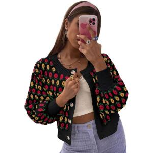 imageCHARTOU Women Floral Knit Cropped Cardigan Cute Lantern Long Sleeve Daisy Jacquard Ribbed SweaterBlack
