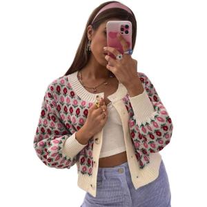 imageCHARTOU Women Floral Knit Cropped Cardigan Cute Lantern Long Sleeve Daisy Jacquard Ribbed SweaterPink