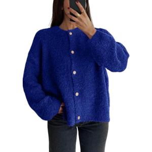 imageCHARTOU Women Fuzzy Knit Sweater Long Sleeve Crewneck Loose Open Front Cardigan TopsBlue