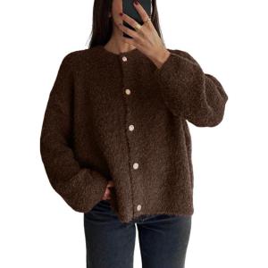 imageCHARTOU Women Fuzzy Knit Sweater Long Sleeve Crewneck Loose Open Front Cardigan TopsBrown