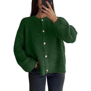 imageCHARTOU Women Fuzzy Knit Sweater Long Sleeve Crewneck Loose Open Front Cardigan TopsGreen