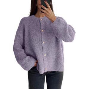 imageCHARTOU Women Fuzzy Knit Sweater Long Sleeve Crewneck Loose Open Front Cardigan TopsPurple