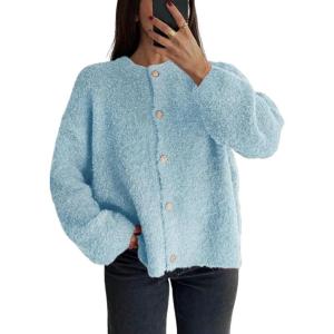 imageCHARTOU Women Fuzzy Knit Sweater Long Sleeve Crewneck Loose Open Front Cardigan TopsSky Blue