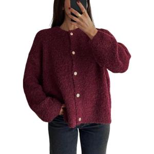 imageCHARTOU Women Fuzzy Knit Sweater Long Sleeve Crewneck Loose Open Front Cardigan TopsWine
