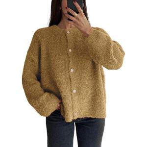 imageCHARTOU Women Fuzzy Knit Sweater Long Sleeve Crewneck Loose Open Front Cardigan TopsYellow