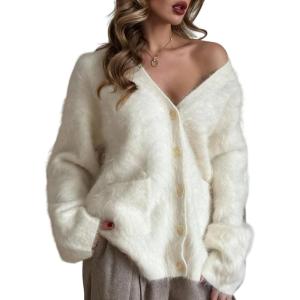 imageCHARTOU Women Fuzzy Mohair Knit Sweater Oversized V Neck Long Sleeve Button Down Slouchy Cardigan TopsWhite