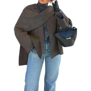 imageCHARTOU Women Large Cross Front Cape Shawl Cardigan Coat Elegant Knit Wrap Cloak Sweater Poncho JacketDark Brown