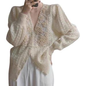 imageCHARTOU Women Open Front Cardigan Hollow Crochet Knit Dressy Sweater Outwear Pearls DecoBeige