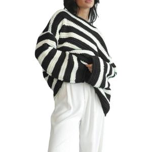 imageCHARTOU Women Oversized Stripe Sweater Chunky Knit Pullover Sweatshirt Jumper Loose OutfitsBlack