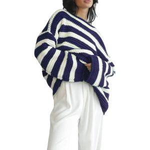 imageCHARTOU Women Oversized Stripe Sweater Chunky Knit Pullover Sweatshirt Jumper Loose OutfitsBlue