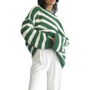 imageCHARTOU Women Oversized Stripe Sweater Chunky Knit Pullover Sweatshirt Jumper Loose OutfitsGreen
