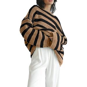 imageCHARTOU Women Oversized Stripe Sweater Chunky Knit Pullover Sweatshirt Jumper Loose OutfitsKhaki