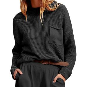 imageCHARTOU Women Ribbed Long Sleeve Oversized Knit Sweater Crewneck Slouchy Knitted Pullover Sweater Fall Winter Jumper TopBlack