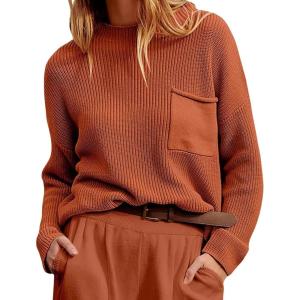 imageCHARTOU Women Ribbed Long Sleeve Oversized Knit Sweater Crewneck Slouchy Knitted Pullover Sweater Fall Winter Jumper TopBrick Red