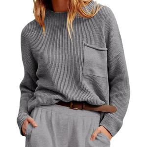 imageCHARTOU Women Ribbed Long Sleeve Oversized Knit Sweater Crewneck Slouchy Knitted Pullover Sweater Fall Winter Jumper TopGrey