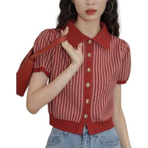 imageCHARTOU Women Short Sleeve Sweater Polo Collar Button Down Diamond Crop Shirt CardiganRed