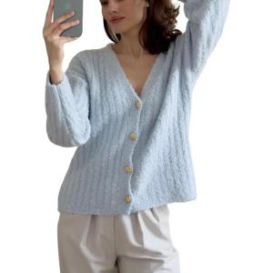 imageCHARTOU Women Slouchy Fuzzy Knit Cardigan Sweater Fall V Neck Button Down Long Sleeve Sweater CoatBlue