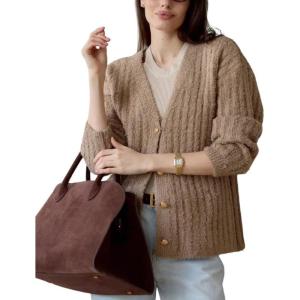 imageCHARTOU Women Slouchy Fuzzy Knit Cardigan Sweater Fall V Neck Button Down Long Sleeve Sweater CoatKhaki