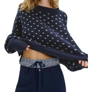 imageCHARTOU Women Slouchy Knit Pullover Crop Sweater Fall 2025 Oversized Heart Long Sleeve Jumper TopNavy