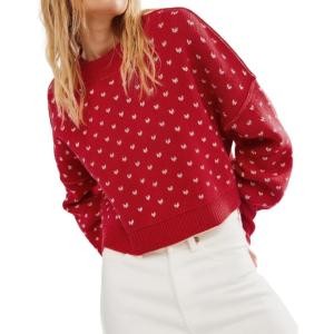 imageCHARTOU Women Slouchy Knit Pullover Crop Sweater Fall 2025 Oversized Heart Long Sleeve Jumper TopRed