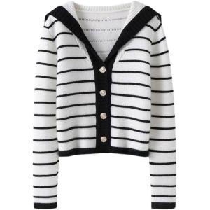 imageCHARTOU Women Striped Cardigan Sweater Lapel Collar Open Front Button Down Knit CardigansBlack