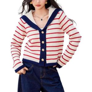imageCHARTOU Women Striped Cardigan Sweater Lapel Collar Open Front Button Down Knit CardigansRed