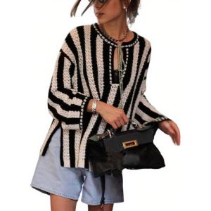 imageCHARTOU Women Striped Crochet Knit Tops Long Sleeve Color Block Fall Pullover SweaterBlack