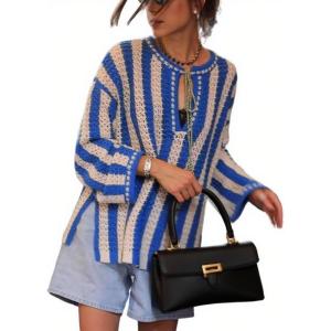 imageCHARTOU Women Striped Crochet Knit Tops Long Sleeve Color Block Fall Pullover SweaterBlue