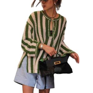 imageCHARTOU Women Striped Crochet Knit Tops Long Sleeve Color Block Fall Pullover SweaterGreen