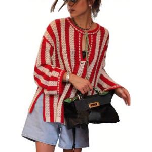 imageCHARTOU Women Striped Crochet Knit Tops Long Sleeve Color Block Fall Pullover SweaterRed